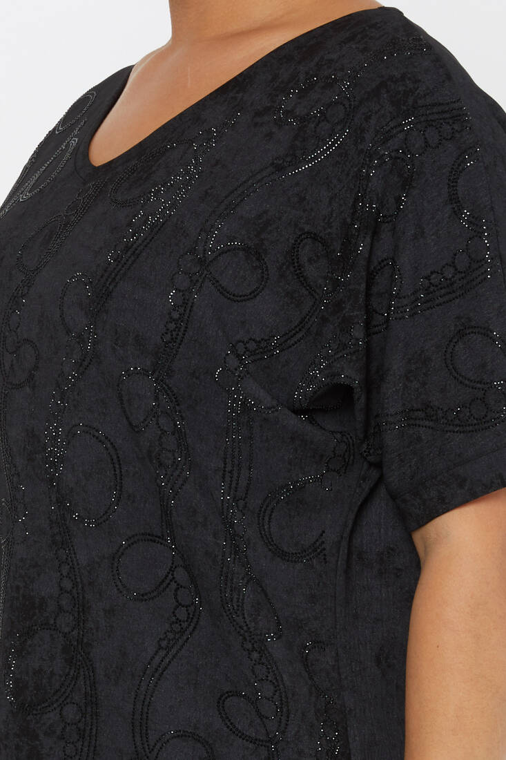 Women's Blouse Stone Detailed V Neck Black - 79991 | KAZEE