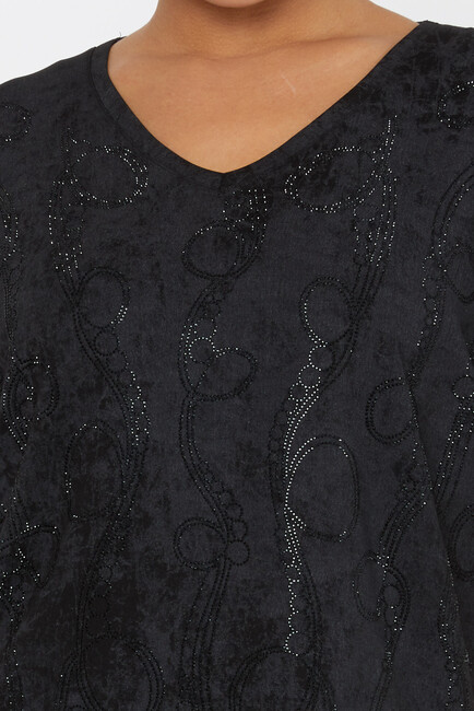 Women's Blouse Stone Detailed V Neck Black - 79991 | KAZEE - Thumbnail