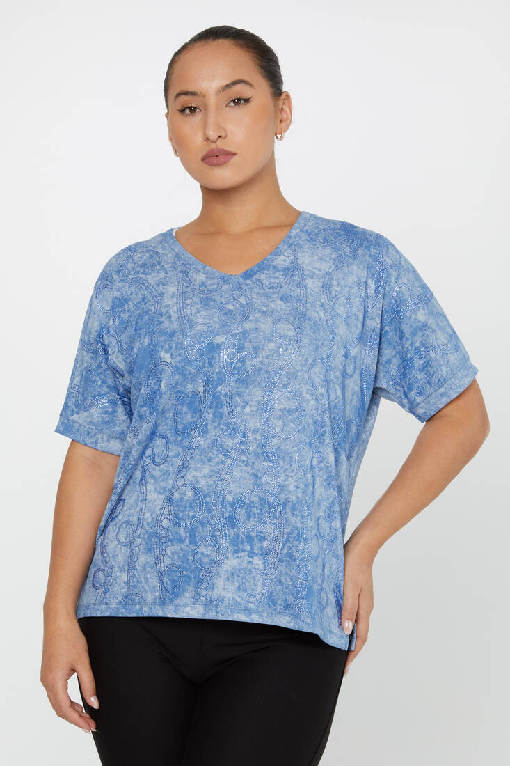 Women's Blouse Stone Detailed V Neck Blue - 79991 | KAZEE