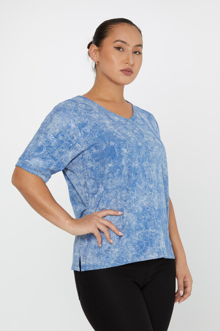 Women's Blouse Stone Detailed V Neck Blue - 79991 | KAZEE - Thumbnail