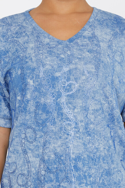 Women's Blouse Stone Detailed V Neck Blue - 79991 | KAZEE - Thumbnail