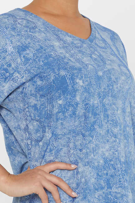 Women's Blouse Stone Detailed V Neck Blue - 79991 | KAZEE - Thumbnail