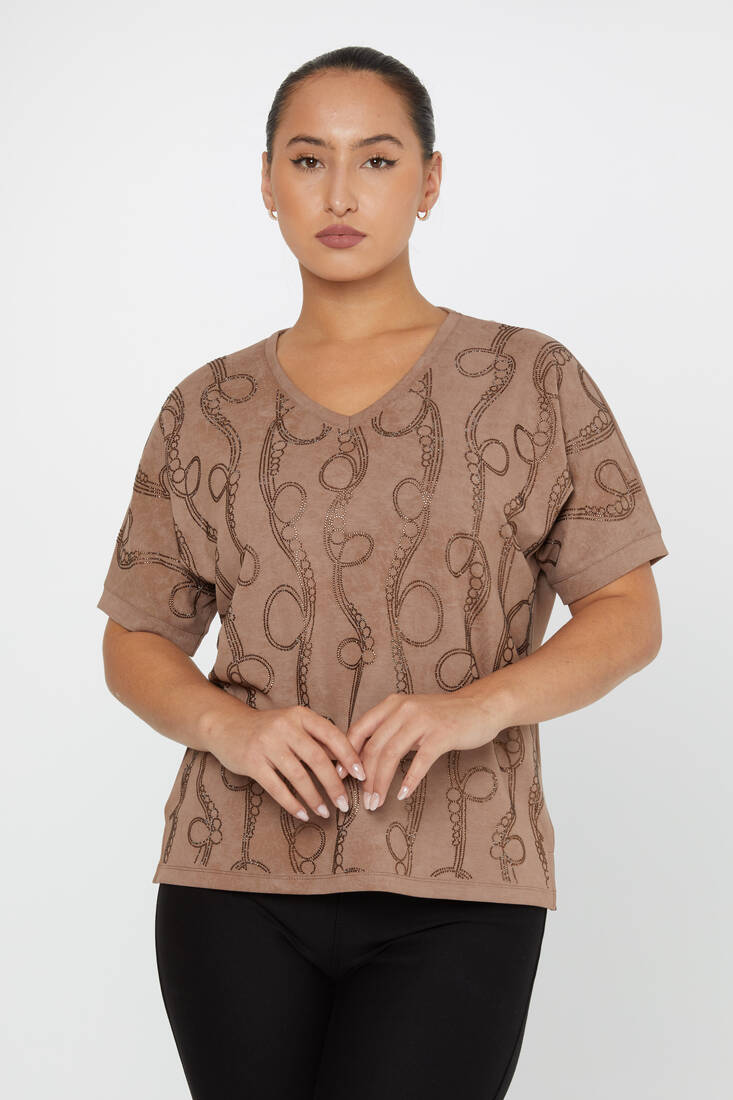 Women's Blouse Stone Detailed V Neck Mink - 79991 | KAZEE