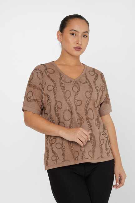 Women's Blouse Stone Detailed V Neck Mink - 79991 | KAZEE - Thumbnail