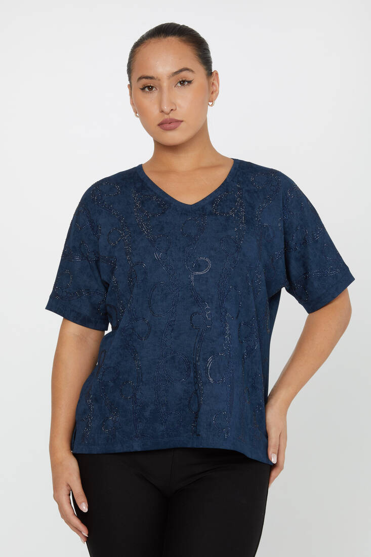 Women's Blouse Stone Detailed V Neck Navy Blue - 79991 | KAZEE