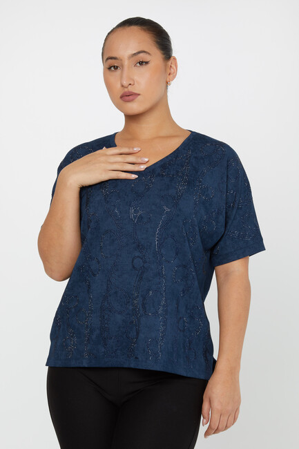 Women's Blouse Stone Detailed V Neck Navy Blue - 79991 | KAZEE - Thumbnail