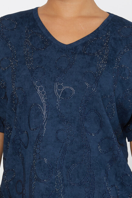 Women's Blouse Stone Detailed V Neck Navy Blue - 79991 | KAZEE - Thumbnail