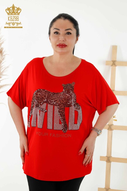 Women's Blouse Red with Text Detailed - 77713 | KAZEE - Thumbnail