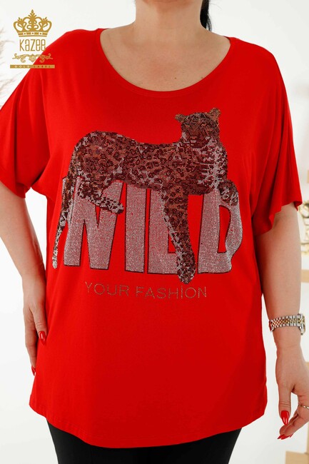 Women's Blouse Red with Text Detailed - 77713 | KAZEE - Thumbnail