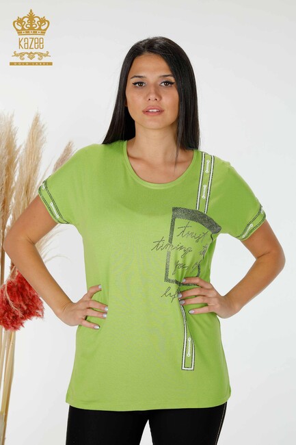 Women's Blouse Written Pistachio Green - 78919 | KAZEE - Thumbnail