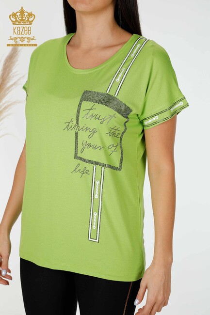 Women's Blouse Written Pistachio Green - 78919 | KAZEE - Thumbnail