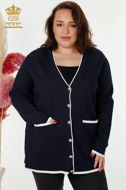 Women's Cardigan With Pearl Buttons Navy Blue - 30148 | KAZEE - Thumbnail