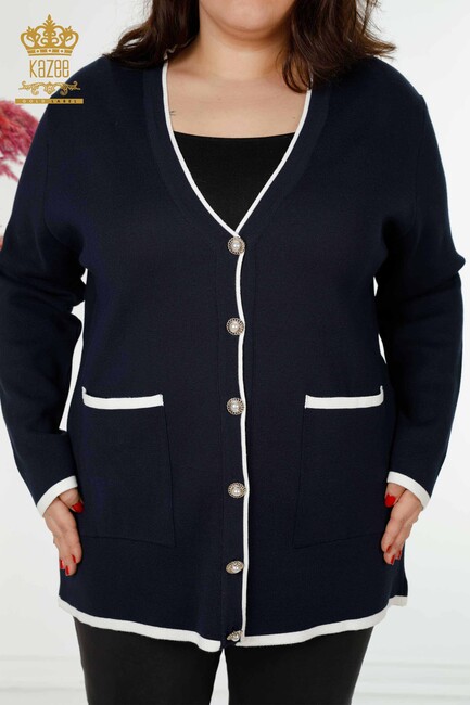 Women's Cardigan With Pearl Buttons Navy Blue - 30148 | KAZEE - Thumbnail