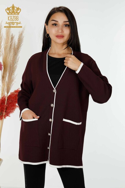 Women's Cardigan with Pearl Buttons Plum - 30148 | KAZEE - Thumbnail