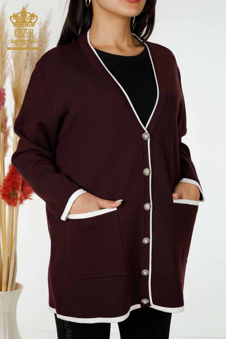 Women's Cardigan with Pearl Buttons Plum - 30148 | KAZEE