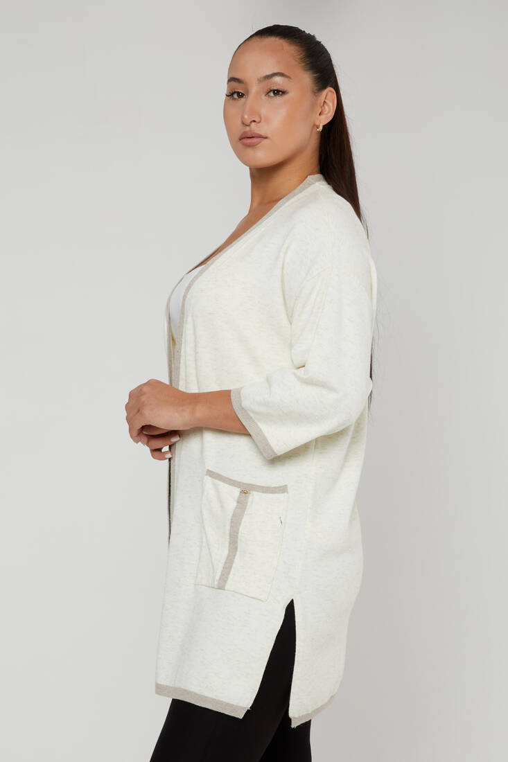 Women's Cardigan Glittery Pocket Detail Ecru - 31067 | KAZEE