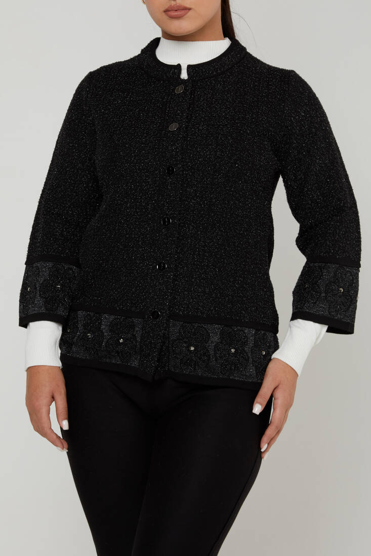 Women's Cardigan Glittery Flower Detail Black - 31179 | KAZEE