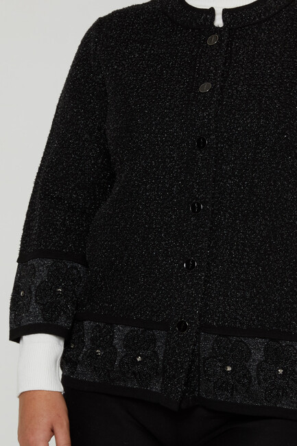 Women's Cardigan Glittery Flower Detail Black - 31179 | KAZEE - Thumbnail