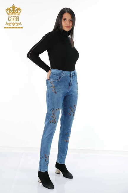 Women's Jeans Colored Stone Embroidered Blue - 3543 | KAZEE - Thumbnail