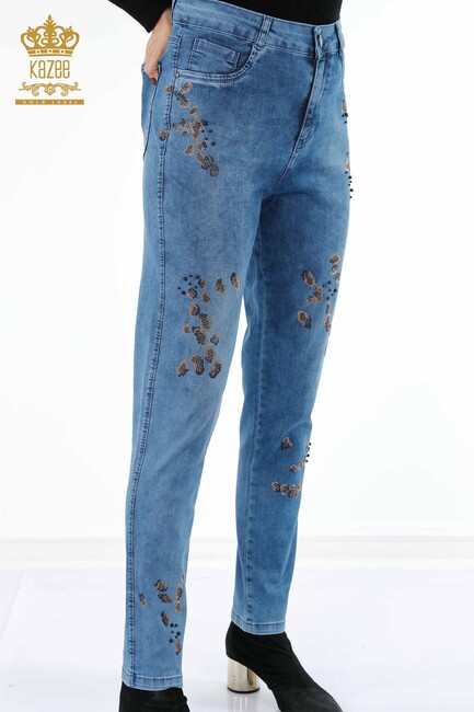 Women's Jeans Colored Stone Embroidered Blue - 3543 | KAZEE - Thumbnail