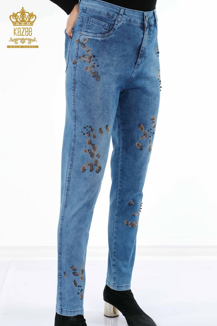 Women's Jeans Colored Stone Embroidered Blue - 3543 | KAZEE