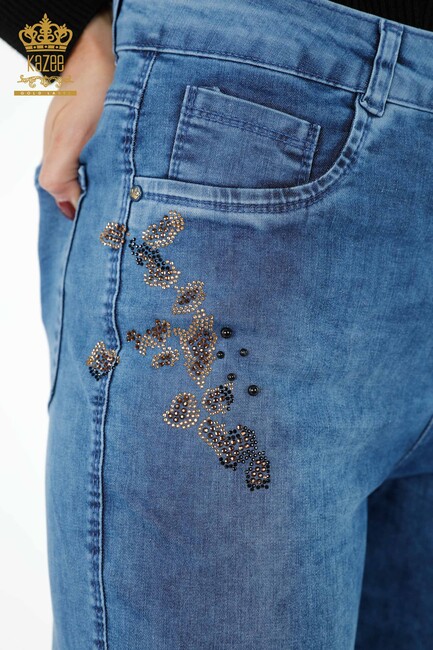 Women's Jeans Colored Stone Embroidered Blue - 3543 | KAZEE - Thumbnail