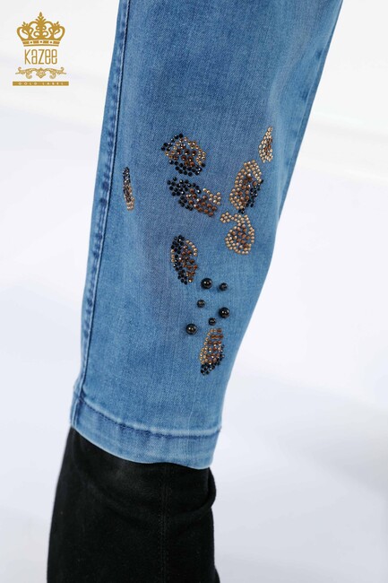 Women's Jeans Colored Stone Embroidered Blue - 3543 | KAZEE - Thumbnail