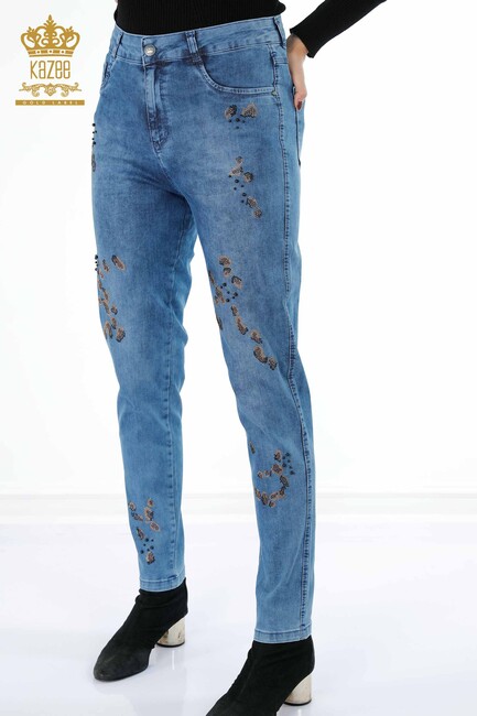 Women's Jeans Colored Stone Embroidered Blue - 3543 | KAZEE - Thumbnail