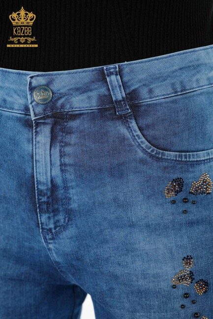 Women's Jeans Colored Stone Embroidered Blue - 3543 | KAZEE - Thumbnail