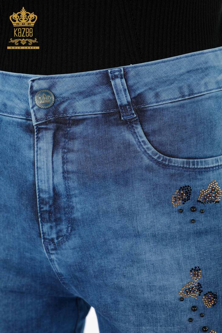 Women's Jeans Colored Stone Embroidered Blue - 3543 | KAZEE