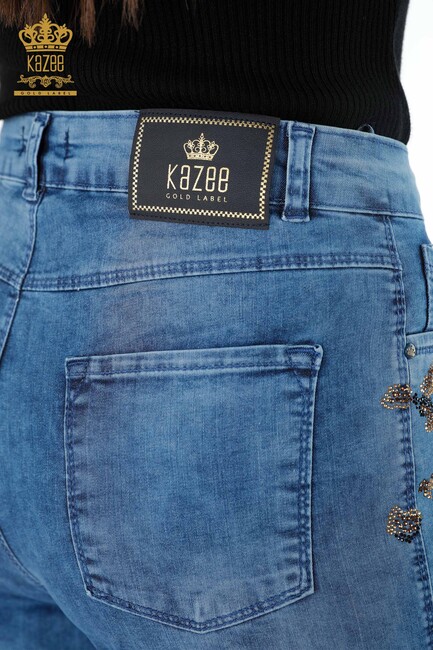 Women's Jeans Colored Stone Embroidered Blue - 3543 | KAZEE - Thumbnail