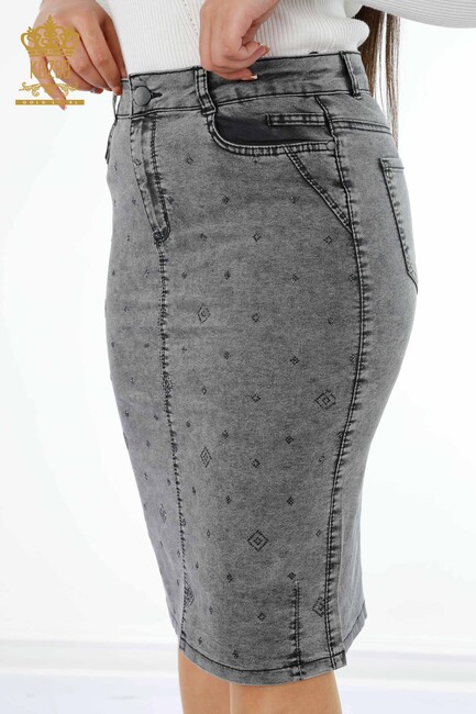 Women's Denim Skirt Crystal Stone Embroidered Anthracite - 4183 | KAZEE - Thumbnail