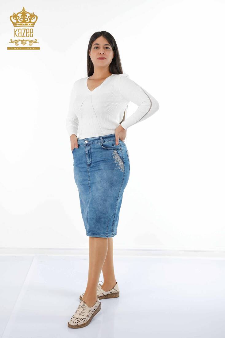 Women's Denim Skirt Crystal Stone Embroidered Blue - 4179 | KAZEE