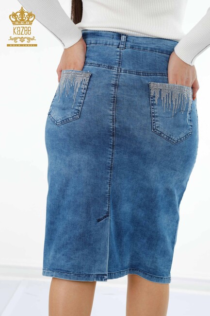 Women's Denim Skirt Crystal Stone Embroidered Blue - 4179 | KAZEE - Thumbnail