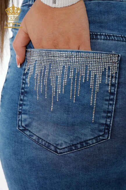 Women's Denim Skirt Crystal Stone Embroidered Blue - 4179 | KAZEE - Thumbnail