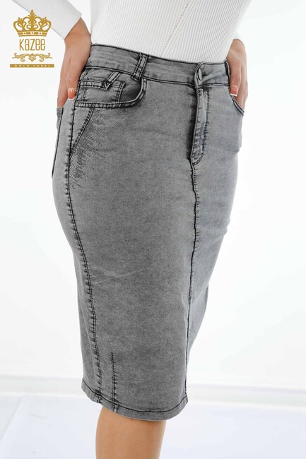 Women's Denim Skirt Crystal Stone Embroidered Gray - 4179 | KAZEE - Thumbnail