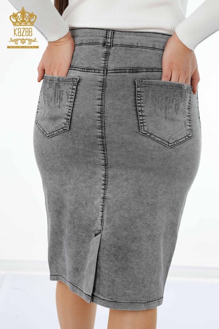 Women's Denim Skirt Crystal Stone Embroidered Gray - 4179 | KAZEE - Thumbnail