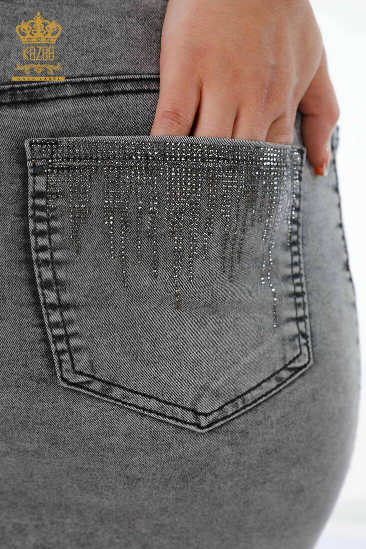 Women's Denim Skirt Crystal Stone Embroidered Gray - 4179 | KAZEE