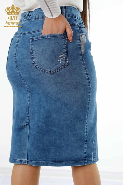 Women's Denim Skirt Stone Embroidered Blue - 4182 | KAZEE - Thumbnail