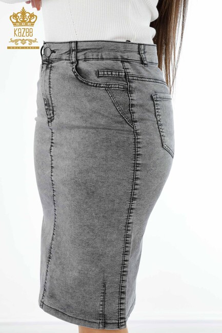 Women's Denim Skirt Stone Embroidered Gray - 4182 | KAZEE - Thumbnail