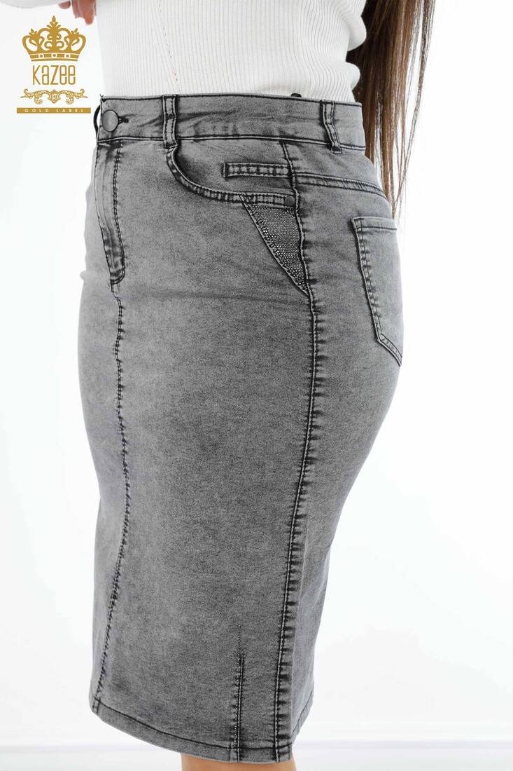 Women's Denim Skirt Stone Embroidered Gray - 4182 | KAZEE