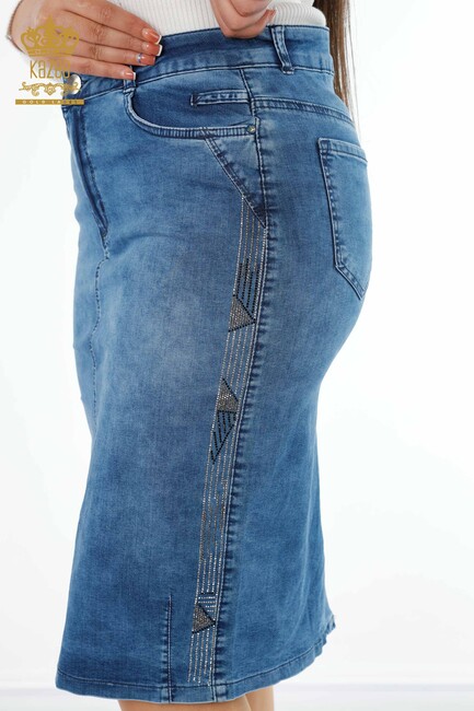 Women's Denim Skirt Stripe Stone Embroidered Blue - 4184 | KAZEE - Thumbnail