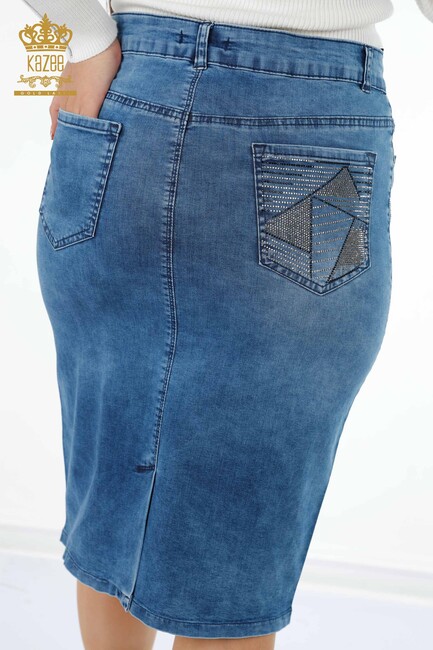 Women's Denim Skirt Stripe Stone Embroidered Blue - 4184 | KAZEE - Thumbnail