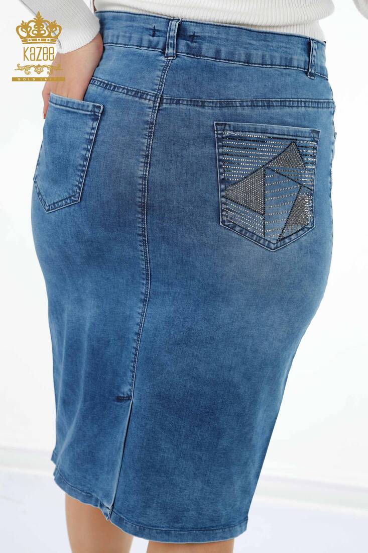 Women's Denim Skirt Stripe Stone Embroidered Blue - 4184 | KAZEE