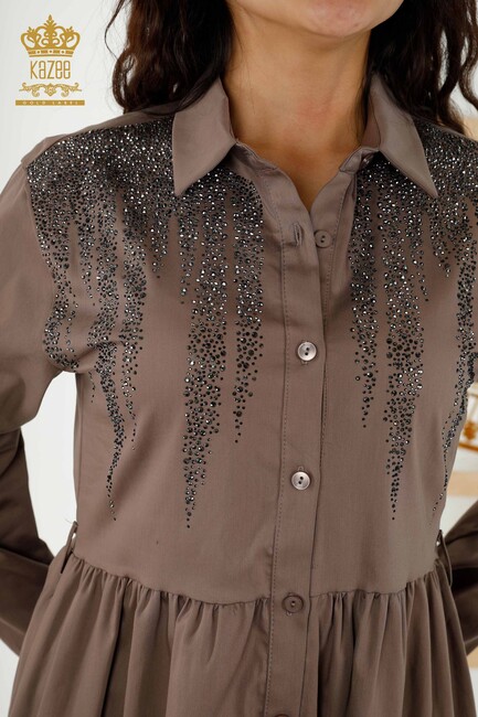 Women's Dress Stone Embroidered Brown - 20229 | KAZEE - Thumbnail