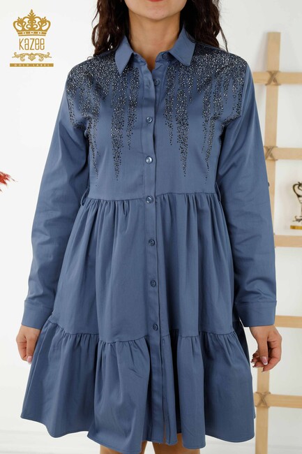 Women's Dress Stone Embroidered Indigo - 20229 | KAZEE - Thumbnail