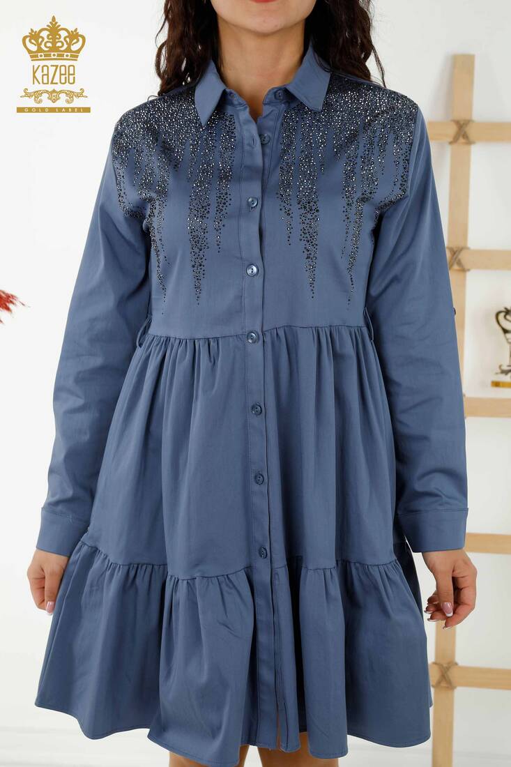 Women's Dress Stone Embroidered Indigo - 20229 | KAZEE