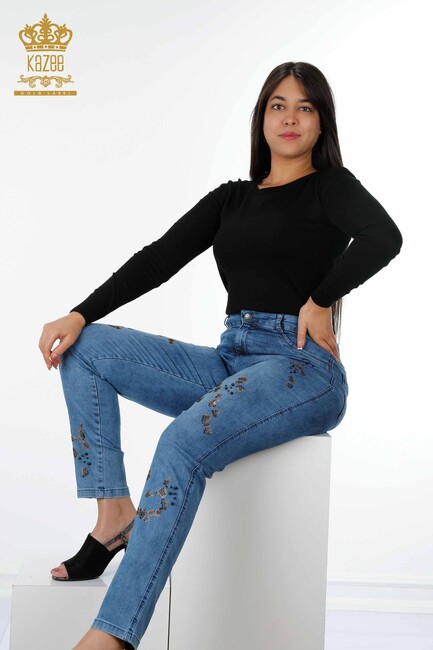 Women's Jeans Colored Stone Embroidered Blue - 3606 | KAZEE - Thumbnail