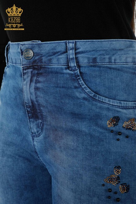 Women's Jeans Colored Stone Embroidered Blue - 3606 | KAZEE - Thumbnail