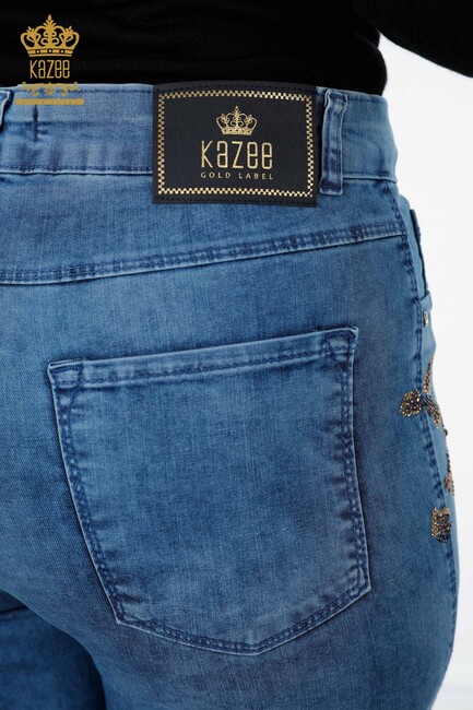 Women's Jeans Colored Stone Embroidered Blue - 3606 | KAZEE - Thumbnail